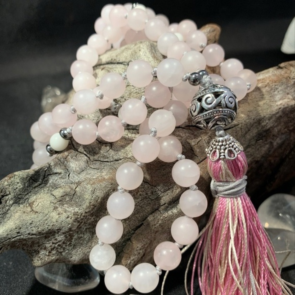 Handmade Silk Thread Knotted Matte Rose Quartz & White Jade Mala 108 Silk Tassel